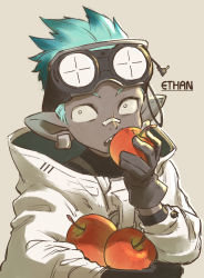 Rule 34 | 1boy, 2020, 320wahhoi, apple, arknights, bandaid, bandaid on face, bandaid on nose, black gloves, blue hair, colored skin, ear piercing, eating, ethan (arknights), food, fruit, gloves, goggles, goggles on head, grey skin, highres, holding, holding food, holding fruit, jacket, looking at viewer, open mouth, piercing, sharp teeth, short hair, solo, teeth, upper body, upper teeth only, white jacket