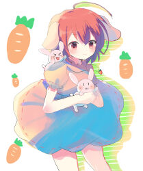 Rule 34 | &gt; &lt;, 1girl, :3, :d, carrot necklace, commentary request, dress, inaba tewi, jewelry, ke-a-ru, necklace, open mouth, petite, pink dress, pink eyes, rabbit, smile, solo, touhou, xd