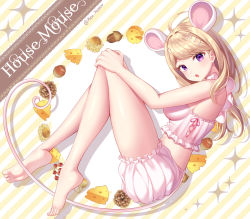Rule 34 | 1girl, ahoge, akamatsu kaede, alternate costume, animal ears, artist name, bare shoulders, barefoot, blonde hair, breasts, cheese, commentary request, danganronpa (series), danganronpa v3: killing harmony, food, fortissimo, from side, hair ornament, highres, large breasts, long hair, long legs, looking at viewer, mouse ears, musical note, musical note hair ornament, nabekokoa, pink shorts, purple eyes, shorts, solo, tagme