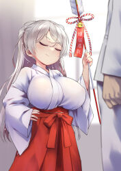 Rule 34 | 1boy, 1girl, admiral (kancolle), alternate costume, arrow (projectile), breasts, closed eyes, conte di cavour (kancolle), hakama, hakama skirt, hamaya, highres, indoors, japanese clothes, kantai collection, kimono, large breasts, long hair, long sleeves, miko, military, military uniform, naval uniform, official alternate costume, rampage 2nd, red hakama, skirt, smile, two side up, uniform, white kimono, wide sleeves, window