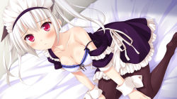 Rule 34 | 1girl, ayame (harukaze sensation!), bed sheet, blush, braid, breasts, game cg, harukaze sensation!, highres, ko~cha, long hair, maid, maid headdress, medium breasts, no shoes, off shoulder, official art, pantyhose, red eyes, solo, strap slip, twintails, white hair, wrist cuffs