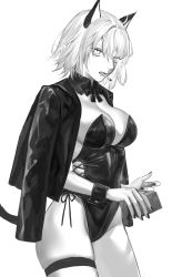 Rule 34 | absurdres, animal ears, breasts, cat ears, cat tail, cigarette, eyebrows hidden by hair, fake animal ears, fake tail, fate/grand order, fate (series), greyscale, hair between eyes, highres, jacket, jeanne d&#039;arc alter (avenger) (fate), jeanne d&#039;arc alter (fate), kittysuit, leg belt, leotard, looking at viewer, monochrome, mouth hold, nail polish, nipi27, nontraditional playboy bunny, playboy bunny, ribbon, short hair, simple background, tail, white background, wrist cuffs
