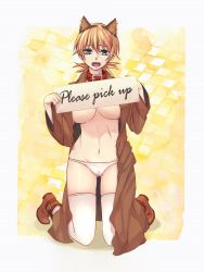 Rule 34 | 1girl, animal ears, blonde hair, blue eyes, boots, breasts, cat ears, censored, coat, collar, convenient censoring, english text, fake animal ears, fangs, full body, hakushi, headband, hellsing, holding, holding sign, kneeling, large breasts, open mouth, panties, seras victoria, sign, solo, thighhighs, topless, trench coat, underwear, vampire, white panties, white thighhighs