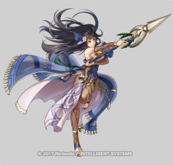 Rule 34 | attack, bare shoulders, black eyes, black hair, breasts, choker, detached sleeves, fire emblem, fire emblem: the blazing blade, fire emblem heroes, full body, hair ornament, high heels, holding, holding polearm, holding weapon, jewelry, karla (fire emblem), kita senri, large breasts, long hair, looking at viewer, nintendo, official alternate costume, official art, pantyhose, polearm, solo, toeless footwear, toeless legwear, weapon