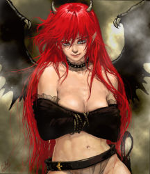 Rule 34 | 1girl, bad id, bad pixiv id, belt, black theme, breasts, choker, cleavage, crossed arms, demon girl, elbow gloves, gloves, hip focus, horns, loincloth, long hair, looking at viewer, luke uehara, muscular, navel, original, pointy ears, red hair, red theme, signature, smile, solo, topless, weapon, white eyes, wings