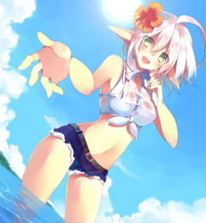 1girl :d ahoge bad_id bad_twitter_id belt blue_sky braid cloud cutoffs day denim denim_shorts dutch_angle elf female_focus flower foreshortening front-tie_top green_eyes hair_flower hair_ornament lens_flare looking_at_viewer midriff mishima_kurone navel open_mouth pointy_ears shirt short_shorts shorts silver_hair sky smile solo sun tied_shirt twin_braids wading water