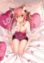 Rule 34 | 1girl, absurdres, animal ear fluff, animal ears, barefoot, black ribbon, black skirt, blouse, blush, breasts, brown eyes, cleavage, fate/grand order, fate (series), fox ears, fox tail, guaizi, hair ribbon, head tilt, heart, heart-shaped pillow, highres, large breasts, long hair, looking at viewer, open clothes, open shirt, pillow, pink hair, ribbon, shirt, sitting, skirt, smile, solo, tail, tamamo (fate), tamamo no mae (fate/extra), wariza