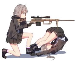 Rule 34 | 2girls, absurdres, ahoge, aiming, ass, bipod, black gloves, black skirt, bolt action, brown jacket, cheytac m200, clone, closed mouth, dual persona, dummy (girls&#039; frontline), finger on trigger, from side, gar32, girls&#039; frontline, gloves, grey hair, gun, highres, holding, holding gun, holding weapon, hood, hood down, hooded jacket, jacket, jitome, legs, long sleeves, m200 (girls&#039; frontline), miniskirt, multiple girls, on one knee, photo-referenced, pleated skirt, ponytail, profile, purple eyes, rifle, scope, shoes, simple background, skirt, sniper rifle, squatting, trigger discipline, upside-down, weapon, white background