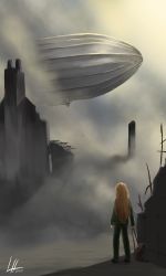 Rule 34 | 1girl, absurdres, aircraft, airship, backpack, bad id, bad pixiv id, bag, blonde hair, chimney, commentary, dated, day, dirigible, english commentary, facing away, fog, from behind, full body, green pants, green shirt, highres, lamiho, long hair, long sleeves, original, outdoors, pants, ruins, shirt, signature, solo, standing, unworn backpack, unworn bag, water, wide shot