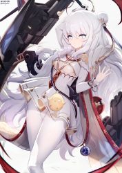 Rule 34 | + +, 1girl, arm up, azur lane, blue eyes, breasts, closed mouth, commentary request, double bun, dress, eyebrows hidden by hair, feet out of frame, gloves, grey background, hair between eyes, hair bun, hand up, highres, holding, le malin (azur lane), long hair, long sleeves, nail polish, nekoya (liu), pantyhose, purple nails, signature, simple background, single glove, small breasts, solo, standing, twitter username, very long hair, white dress, white gloves, white hair, white pantyhose