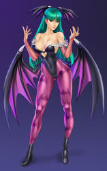 Rule 34 | 1girl, absurdres, animal print, ankle boots, bare shoulders, bat print, black footwear, black leotard, boots, breasts, bridal gauntlets, cleavage, closed mouth, collarbone, commentary, covered navel, demon girl, demon wings, feather trim, fingernails, full body, gradient background, green eyes, green hair, hands up, head wings, high heel boots, high heels, highres, leotard, lips, long hair, looking at viewer, low wings, medium breasts, morrigan aensland, nail polish, pantyhose, print pantyhose, seductive smile, shiny clothes, simple background, smile, solo, standing, strapless, strapless leotard, titiartwork, vampire (game), wings
