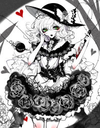 Rule 34 | 1girl, :o, absurdres, adapted costume, artist name, bad id, bad pixiv id, bare shoulders, black nails, blood, bloody knife, bloody weapon, bow, cowboy shot, dress, eyelashes, flower, grey background, hair between eyes, hat, hat bow, hat flower, hat rose, heart, heart-shaped pupils, heart of string, highres, holding, holding knife, holding phone, holding weapon, knife, komeiji koishi, limited palette, looking to the side, nail polish, off-shoulder dress, off shoulder, petticoat, phone, puffy short sleeves, puffy sleeves, reverse grip, rose, sash, sheya, short hair, short sleeves, signature, solo, spot color, standing, stitches, symbol-shaped pupils, thighs, third eye, thorns, touhou, two-tone background, wavy hair, weapon, white background, wide sleeves