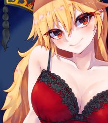 Rule 34 | 1girl, blonde hair, blue background, bow, bow bra, bra, breasts, cleavage, collarbone, commentary request, hat, head tilt, highres, junko (touhou), lace, lace bra, large breasts, long hair, looking at viewer, medium breasts, partial commentary, red bra, red eyes, smile, solo, tassel, toluda, touhou, underwear, upper body