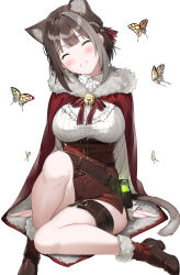 Rule 34 | 1girl, absurdres, animal ear fluff, bell, belt, blush, breasts, brown belt, brown footwear, brown hair, bug, butterfly, cloak, closed eyes, collared shirt, commentary, facial hair, frilled shirt, frills, fur-trimmed cloak, fur trim, grin, hair ribbon, head tilt, high-waist skirt, highres, insect, jingle bell, knee up, large breasts, multicolored hair, neck bell, neck ribbon, original, red cloak, red ribbon, red skirt, ribbon, shirt, shoes, silver hair, simple background, sitting, skirt, smile, solo, streaked hair, symbol-only commentary, thigh strap, white background, white shirt, xretakex, yellow butterfly