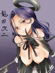 Rule 34 | 1girl, akino shuu, bare shoulders, black capelet, black dress, black gloves, breasts, capelet, character name, collarbone, dress, eyes visible through hair, finger to mouth, floating headgear, gloves, gradient background, halo, head tilt, headgear, holding, holding weapon, index finger raised, kantai collection, large breasts, leaning forward, looking at viewer, mechanical halo, mole, mole under eye, nipples, polearm, polearm behind back, purple eyes, purple hair, seductive smile, short hair, shushing, simple background, smile, solo, tatsuta (kancolle), tatsuta kai ni (kancolle), teeth, weapon