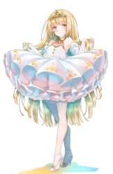 Rule 34 | 1girl, bare shoulders, blonde hair, blue eyes, blush, closed mouth, comah, detached sleeves, dress, elbow gloves, full body, gloves, high heels, highres, holding, holding own hair, long hair, original, pantyhose, pleated dress, puffy short sleeves, puffy sleeves, shoes, short sleeves, sleeveless, sleeveless dress, smile, solo, standing, tiara, very long hair, white background, white dress, white footwear, white gloves, white pantyhose, white sleeves