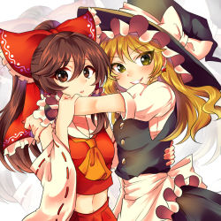 Rule 34 | 2girls, apron, ascot, black skirt, black vest, blonde hair, blush, bow, braid, brown eyes, brown hair, cowboy shot, detached sleeves, earrings, grin, hair bow, hakurei reimu, hand on another&#039;s back, hand on another&#039;s shoulder, hat, hat ribbon, heart, heart-shaped pupils, highres, holding another&#039;s wrist, hug, jewelry, kirisame marisa, kurose (hk9 bk), long hair, looking at viewer, midriff, multiple girls, navel, parted lips, ponytail, puffy short sleeves, puffy sleeves, red skirt, red vest, ribbon, short hair, short sleeves, single braid, skirt, skirt set, smile, star (symbol), star earrings, symbol-shaped pupils, touhou, vest, waist apron, white background, witch hat, wrist cuffs, yellow eyes