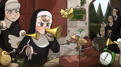Rule 34 | &gt; &lt;, 5girls, :d, @ @, alarm clock, animal, animal on head, apron, ball, belt, bird, blanket, blonde hair, blowing, brown eyes, brown hair, bubble, bucket, bugle, bulletin board, cart, cheek bulge, chicken, clenched teeth, clock, closed eyes, clumsy nun (diva), commentary, corn, curtains, dirty, dirty clothes, diva (hyxpk), doll, doorway, duck, duckling, earthworm, english commentary, freckles, frog, froggy nun (diva), grey eyes, grey hair, habit, hanging plant, hat, hedge, highres, instrument, japanese saw, jumping, little nuns (diva), multiple girls, nightcap, note, nun, on head, open mouth, pillar, plant, potted plant, saw, sheep nun (diva), silhouette, smile, spicy nun (diva), spread wings, star (symbol), star nun (diva), stuck, sweatdrop, table, teeth, terrarium, thumbs up, tongue, tongue out, traditional nun, tree, utility belt, volleyball, volleyball (object), waking another, yellow eyes