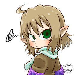 Rule 34 | 1girl, ahoge, mismatched irises, profile picture, blonde hair, chamaji, commentary, frown, green eyes, looking at viewer, looking back, lowres, mizuhashi parsee, pointy ears, scarf, short hair, short sleeves, signature, solo, touhou, upper body, white background