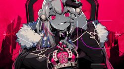 Rule 34 | 1girl, barbed wire, black collar, black nails, chair, coat, collar, commentary request, crown, english text, finger to mouth, fingernails, fur-trimmed coat, fur trim, grin, highres, holding, holding crown, hololive, horns, king (vocaloid), looking at viewer, mask, nail polish, nakiri ayame, nakiri ayame (1st costume), official art, oni mask, oshiruko (oshiruco 212048), pink background, pink theme, red background, red eyes, red theme, second-party source, skin-covered horns, smile, solo, song name, straight-on, teeth, throne, unworn crown, virtual youtuber, vocaloid