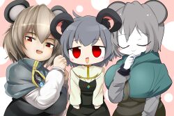 Rule 34 | 3girls, :&gt;, animal ear fluff, animal ears, black skirt, black vest, blue capelet, blush, blush stickers, breasts, brown eyes, capelet, closed eyes, closed mouth, colored skin, commentary request, cookie (touhou), grey capelet, grey hair, grey vest, highres, large breasts, lets0020, long sleeves, looking at viewer, medium bangs, mouse ears, mouse girl, multiple girls, multiple persona, nazrin, nyon (cookie), open mouth, pink background, red eyes, shirt, short hair, skirt, small breasts, smile, touhou, upper body, vest, white capelet, white shirt, white skin