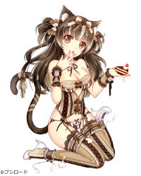 Rule 34 | 1girl, animal ears, arm garter, bad id, bad pixiv id, bare shoulders, blush, bow, breasts, brown bow, brown eyes, brown hair, brown thighhighs, cake, cat ears, cat tail, corset, cream, cream on face, food, food on face, full body, garter straps, hair bow, hand up, high heels, highres, holding, holding food, lace, lace-trimmed legwear, lace trim, licking, licking finger, lingerie, long hair, looking at viewer, medium breasts, official art, open mouth, original, panties, shoes, simple background, solo, striped clothes, striped panties, striped thighhighs, tail, tareme, thighhighs, two side up, underwear, white background, white footwear, wrist cuffs, zhenming