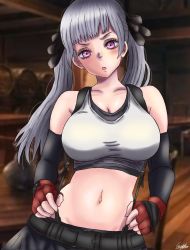 Rule 34 | 1girl, black clover, breasts, cosplay, crop top, crossover, final fantasy, final fantasy vii, gloves, guolfeich, highres, large breasts, looking at viewer, navel, noelle silva, purple eyes, ribbon, silver hair, simple background, skirt, stomach, tifa lockhart, tifa lockhart (cosplay), twintails