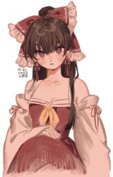 Rule 34 | 1girl, alternate costume, bow, brown hair, dated, detached sleeves, dress, earrings, hair bow, hakurei reimu, jewelry, k0nfette, nontraditional miko, off-shoulder dress, off shoulder, red bow, red dress, red eyes, simple background, solo, touhou, white background