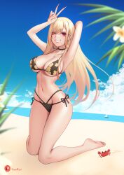 Rule 34 | 1girl, absurdres, arm behind head, artist name, barefoot, beach, bikini, black bikini, blonde hair, blush, breasts, choker, cleavage, cloud, collarbone, crab, day, ear piercing, earrings, eyebrows, eyelashes, eyeshadow, fang, female focus, fingernails, floral print, flower, full body, glint, gradient hair, grin, groin, highres, jewelry, kitagawa marin, kneeling, knees together feet apart, large breasts, legs together, lips, long fingernails, long hair, looking at viewer, makeup, multi-strapped bikini, multicolored hair, nail polish, navel, necklace, ocean, outdoors, parted lips, patreon logo, patreon username, piercing, pink eyes, pink hair, pink nails, plant, print swimsuit, shiny skin, side-tie bikini bottom, sky, smile, soles, solo, sono bisque doll wa koi wo suru, sparkle, streaked hair, swimsuit, teeth, thighs, toes, tomathao, two-tone hair, v