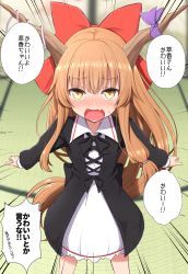 Rule 34 | 1girl, alternate costume, blurry, blurry background, blush, bow, commentary request, dress, embarrassed, emphasis lines, fang, hair bow, highres, horn ornament, horn ribbon, horns, ibuki suika, indoors, light brown hair, long hair, looking away, nose blush, open mouth, purple ribbon, red bow, ribbon, skin fang, solo, sweatdrop, tatami, teoi (good chaos), touhou, translated, very long hair, yellow eyes