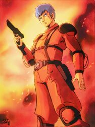 Rule 34 | 1boy, arm at side, armor, belt, blue eyes, blue hair, chirico cuvie, closed mouth, commentary request, embers, feet out of frame, finger on trigger, frown, gun, handgun, highres, holding, holding gun, holding weapon, holster, jumpsuit, looking to the side, male focus, moroboshi danshaku, open hand, pauldrons, pilot suit, red jumpsuit, short hair, shoulder armor, signature, smoke, solo, soukou kihei votoms, standing, weapon
