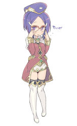 Rule 34 | 1girl, black thighhighs, blade (galaxist), blue hair, blush, boots, full body, glasses, monica grace, open mouth, pop-up story, purple eyes, simple background, skirt, smile, solo, thigh boots, thighhighs, white background, white footwear, white thighhighs
