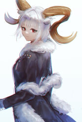 Rule 34 | 1girl, aiv, animal ears, arknights, black jacket, carnelian (arknights), closed mouth, commentary request, fur collar, horns, jacket, long sleeves, looking at viewer, looking to the side, red eyes, simple background, smile, solo, upper body, white background, white hair