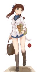 Rule 34 | 10s, 1girl, apple, bag, baguette, black socks, blue eyes, brave witches, bread, brown hair, dropping, food, fruit, georgette lemare, groceries, grocery bag, guraasan, highres, kneehighs, paper bag, shopping bag, socks, solo, strike witches, tail, thighs, twintails, uniform, white background, world witches series