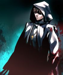 Rule 34 | 1boy, blood, brown hair, cross, cross necklace, fate/zero, fate (series), glowing, glowing eyes, hood, jewelry, male focus, necklace, priest, red eyes, shade, solo, zihad