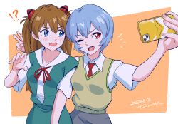 Rule 34 | !?, 2girls, :d, artist name, ayanami rei, blue eyes, blush, border, bow, bowtie, breasts, brown hair, cellphone, commentary, curled fingers, dated, dress shirt, embarrassed, green skirt, grey skirt, hair between eyes, hand up, highres, holding, holding phone, interface headset, long hair, looking at another, looking at object, looking to the side, medium breasts, multiple girls, neck ribbon, necktie, neon genesis evangelion, nervous, notice lines, official alternate costume, one eye closed, open mouth, orange background, outside border, phone, red bow, red bowtie, red eyes, red necktie, red ribbon, ribbon, school uniform, selfie, shirt, short hair, short sleeves, signature, simple background, skirt, smartphone, smile, souryuu asuka langley, surprised, suspender skirt, suspenders, sweater vest, teeth, tokyo-3 middle school uniform, tsunemoku, two side up, upper body, upper teeth only, v, v-shaped eyebrows, wavy mouth, white border, white shirt, yellow sweater vest