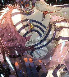 Rule 34 | 1boy, akaza (kimetsu no yaiba), anasa3, bare shoulders, blood, blue sclera, collarbone, colored sclera, commentary request, facepaint, fangs, from side, hand up, highres, jacket, kimetsu no yaiba, male focus, multicolored nails, nail polish, open clothes, open jacket, open mouth, portrait, profile, red hair, red nails, short hair, smile, solo, tattoo, teeth, tongue, tongue out, upper body, veins, veiny hands, yellow eyes