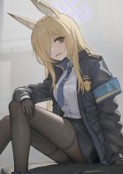 Rule 34 | 1girl, animal ears, armband, black gloves, black jacket, black skirt, blonde hair, blue archive, breasts, collared shirt, gloves, grey background, hair over one eye, highres, jacket, kanna (blue archive), long hair, long sleeves, looking at viewer, medium breasts, necktie, nito (nshtntr), open clothes, open jacket, pantyhose, sharp teeth, shirt, simple background, sitting, skirt, solo, tail, teeth, thighband pantyhose