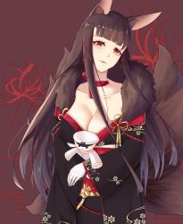 Rule 34 | 1girl, absurdres, akagi (azur lane), akagi (plum and snow) (azur lane), animal ears, azur lane, black kimono, breasts, brown background, brown hair, character doll, cleavage, eyeliner, fox ears, fox girl, fox tail, fur-trimmed kimono, fur trim, gloves, highres, japanese clothes, kimono, kitsune, large breasts, long hair, looking at viewer, makeup, multiple tails, official alternate costume, orange eyes, red sash, sash, shuojianghanyue, simple background, solo, standing, tail, white gloves, wide sleeves