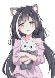 Rule 34 | 1girl, absurdres, animal ear fluff, animal ears, bare shoulders, black hair, blush, cat ears, collarbone, commentary request, cowboy shot, green eyes, highres, karyl (princess connect!), long sleeves, looking at viewer, multicolored hair, hugging object, off shoulder, open mouth, pajamas, pink pajamas, princess connect!, sidelocks, simple background, solo, standing, streaked hair, stuffed animal, stuffed toy, twintails, white background, white hair, yoru (user vewa8437)