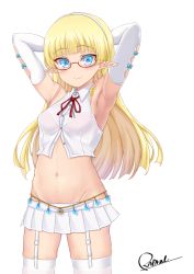 Rule 34 | 1girl, armpits, arms behind head, arms up, bare shoulders, blonde hair, blue eyes, bra, bra strap, bra visible through clothes, breasts, collared shirt, commentary request, cowboy shot, crop top, dress shirt, elbow gloves, elf, elf no radral, garter straps, glasses, gloves, groin, hairband, highres, long hair, looking at viewer, medium breasts, midriff, miniskirt, navel, neck ribbon, original, partially unbuttoned, pink bra, pleated skirt, pointy ears, radral, red-framed eyewear, ribbon, see-through, semi-rimless eyewear, shirt, signature, skindentation, skirt, sleeveless, sleeveless shirt, smile, solo, standing, stomach, thighhighs, under-rim eyewear, underwear, white gloves, white shirt, white skirt, white thighhighs, zettai ryouiki