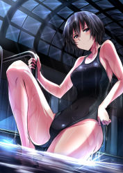 Rule 34 | 1girl, amagami, bad id, bad pixiv id, barefoot, black eyes, black hair, blush, competition swimsuit, covered navel, dutch angle, highres, indoors, moonlight, nanasaki ai, night, one-piece swimsuit, partially submerged, pool, pool ladder, short hair, sitting, smile, soaking feet, solo, swimsuit, ulrich (tagaragakuin), water, wet