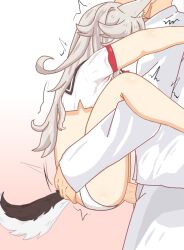 Rule 34 | 1boy, 1girl, animal ears, ass, azur lane, clothed sex, crop top, dog girl, grey hair, in heat, no pants, panties, sbeve2004, sex, shaking, shirt, suspended congress, tail, underwear, vaginal, white shirt, wolf ears, wolf girl, wolf tail, yuudachi (azur lane)