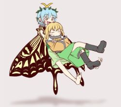 Rule 34 | 2girls, antennae, aqua hair, barefoot, black footwear, blonde hair, blush, blush stickers, boots, brown eyes, butterfly wings, closed mouth, constellation print, crossed arms, dress, eternity larva, fairy, fmn (artist), green dress, green skirt, grey background, hair between eyes, insect wings, knee boots, leaf, leaf on head, long hair, matara okina, multicolored clothes, multicolored dress, multiple girls, no headwear, open mouth, orange sleeves, short hair, simple background, skirt, smile, tabard, touhou, wings