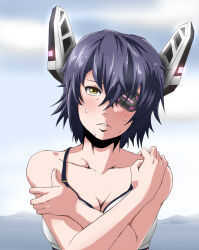 Rule 34 | 1girl, bikini, breasts, cleavage, collar, commentary request, covering breasts, covering privates, eyepatch, frown, headgear, kantai collection, large breasts, medium hair, namako (rikina kazuhisa), purple hair, solo, sweat, swimsuit, tenryuu (kancolle), upper body, white bikini, yellow eyes