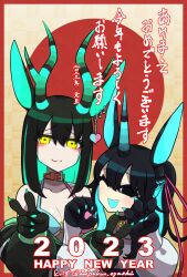 Rule 34 | 2023, 2girls, animal ears, animal hands, antlers, artist name, bikini, bikini top only, black choker, black hair, black jacket, blue hair, braid, brown background, chinese zodiac, choker, claws, closed mouth, collar, colored inner hair, dated, ear piercing, earrings, green hair, gyaru, hair ribbon, halterneck, hand up, hands up, happy new year, heart, heart earrings, highres, horns, jackalope, jacket, jewelry, long sleeves, looking at viewer, luma (toipokun oyashi), medium hair, middle w, monster girl, multicolored hair, multiple girls, new year, o-ring, o-ring top, one eye closed, one side up, original, peace symbol, piercing, pink ribbon, puffy long sleeves, puffy sleeves, rabbit ears, red background, red collar, ribbon, single horn, swimsuit, toipokun oyashi, twitter username, upper body, v, w, year of the rabbit, yellow eyes