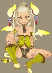 Rule 34 | 1girl, armlet, blonde hair, boots, demon girl, flat chest, forehead, gloves, green eyes, high ponytail, horns, markings, mota, navel, nipples, original, pointy ears, simple background, solo, tail, tattoo, topless, wings