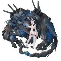 Rule 34 | 1girl, absurdres, arimusume, battleship girl, black hair, blue eyes, cannon, chromatic aberration, colored skin, dress, glowing, glowing eyes, highres, horns, long hair, looking at viewer, mecha, monster, original, pink skin, pointy ears, robot, see-through, solo, very long hair