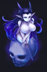 Rule 34 | 1girl, artist request, blue eyes, blue hair, breasts, colored skin, demon girl, female focus, horns, large breasts, long hair, matching hair/eyes, monster girl, no nipples, nude, original, pointy ears, signature, skull, smile, solo, toge-jo azami, white skin