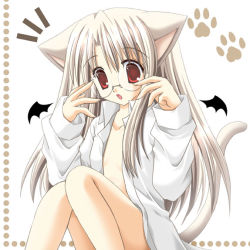 Rule 34 | 00s, animal ears, bespectacled, cat ears, cat tail, fate/stay night, fate (series), glasses, illyasviel von einzbern, nekoneko, open clothes, open shirt, paw print, shirt, solo, tail, wings